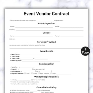 Puede incluir: Una plantilla de contrato de proveedor de eventos en blanco con texto negro. El documento incluye secciones para los detalles del evento, la compensación y las responsabilidades del proveedor. El texto "Event Vendor Contract" está en la parte superior. Un pequeño círculo con el número "1 Page" está en la esquina.