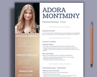 Actress & actor resume template with photo for Word, acting resume, beginner actor resume, theatre, entertainer resume, background actor cv