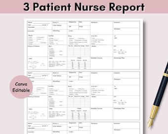 May include: A printable patient nurse report form with three sections. Each section includes fields for patient information, vital signs, medications, and discharge planning.