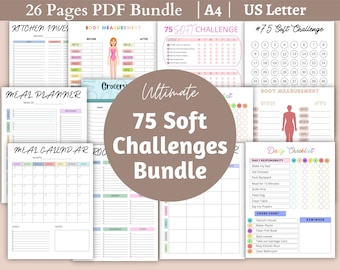 75 Soft Challenge Bundle Planner, Printable Easy Challenge - Meal Planner Fitness Weight Loss Journal Self Care Grocery List, Reading Log