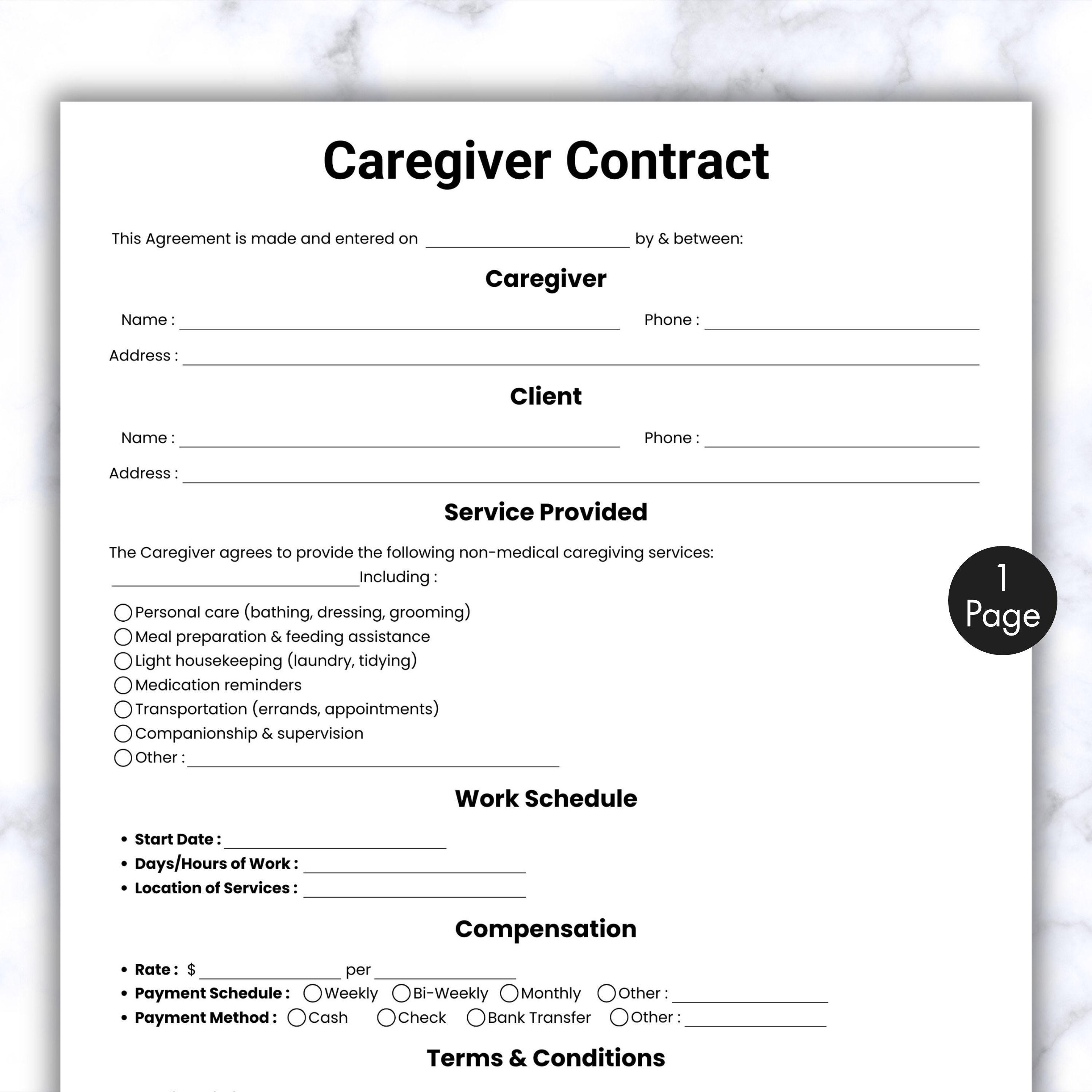 Simple Caregiver Contract Template, One Page Nanny Contract Form, Printable & Editable Homecare Agreement, Elder Care Contract, Canva, PDF