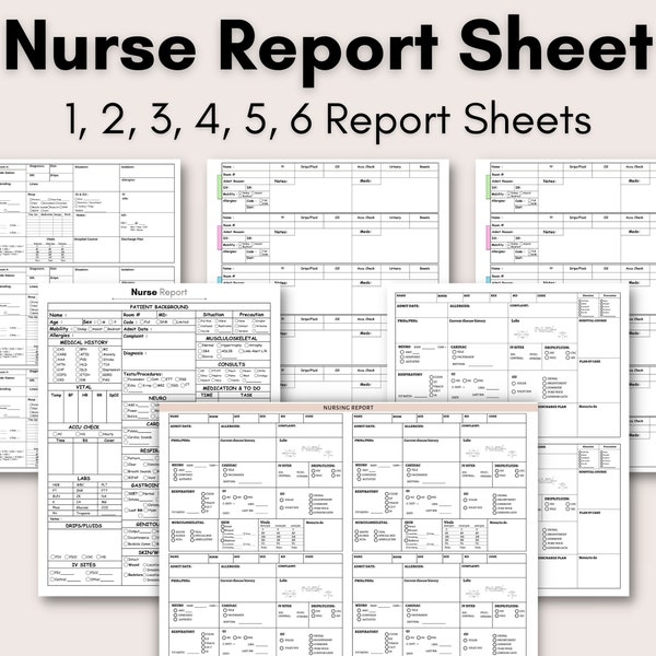 Ensemble de feuilles de rapport d'infirmière | Feuille de rapport infirmier | 1, 2, 3, 4, 5, 6 Modèle de rapport patient | Ressources infirmières en USI | Feuille de cerveau infirmier