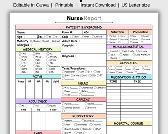 Nurse Report Sheet, Editable ICU Nurse Brain Sheet, Printable Single Reporting Template, Nurses Resources, Med Surg, Medication Tracker