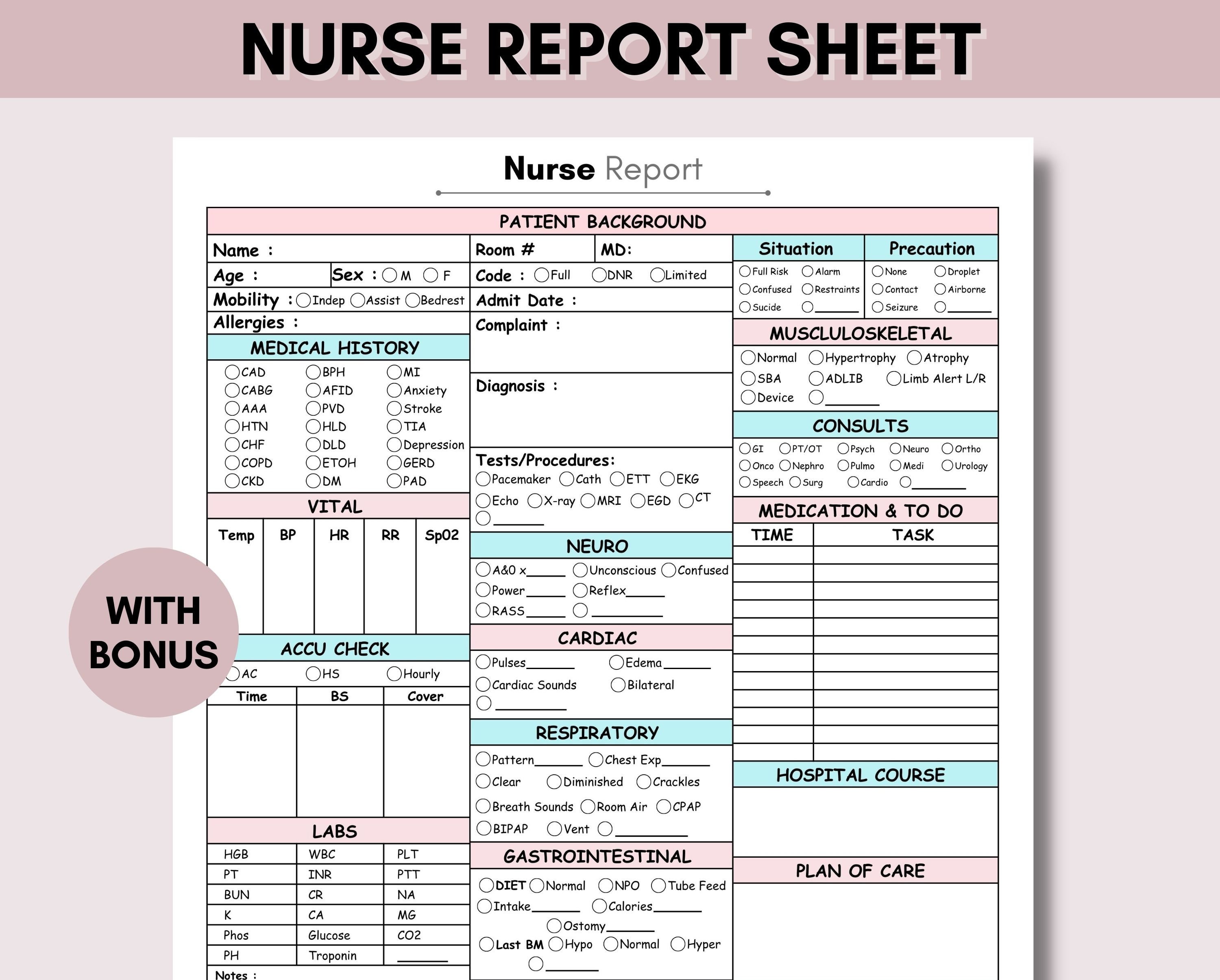 Nursing Report Sheet, Printable Med Surg, Nurse Brain, SBAR Nurse Sheet, ICU Report Sheet ...