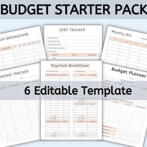 BUDGET STARTER PACK – 6 Editable Templates Paycheck Breakdown, Expense Tracker, Budget Planner, Cash Breakdown, Debt Tracker, Monthly Bill