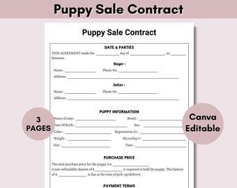 Printable Puppy Sales Contract, Puppy Deposit Contract, Puppy Sale Contract Editable in Canva, Puppy Contract Template, Puppy Agreement PDF
