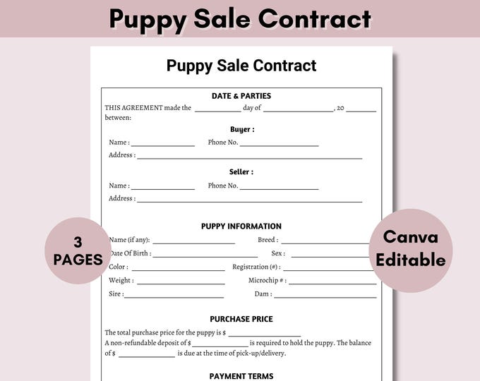 Printable Puppy Sales Contract Puppy Deposit Contract Puppy Sale Printable Puppy Sales Contract Puppy Deposit Contract Puppy Sale