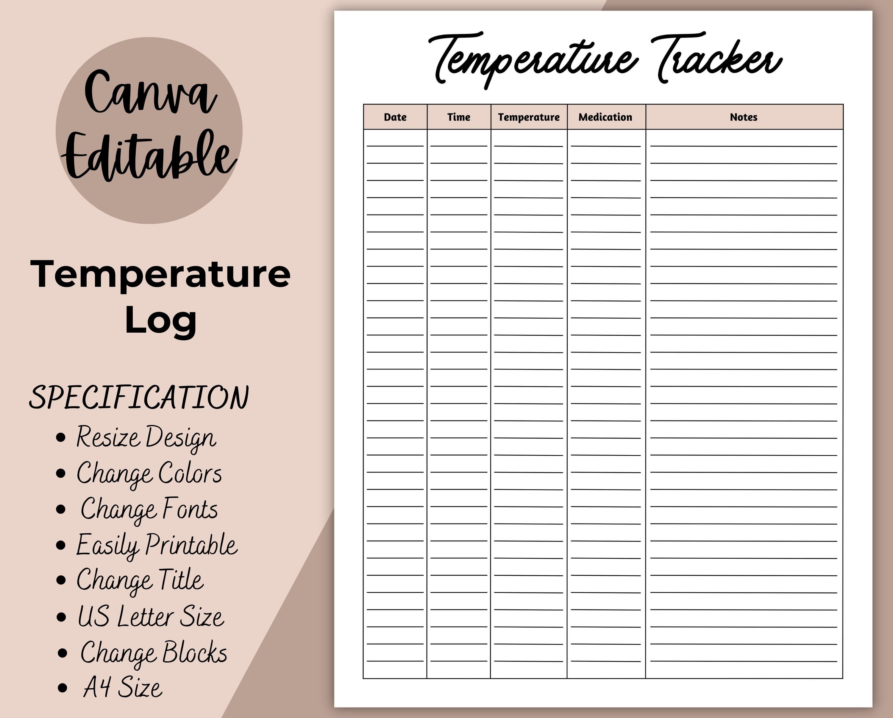 Temperature log printable health planner patient forms etsy hong kong