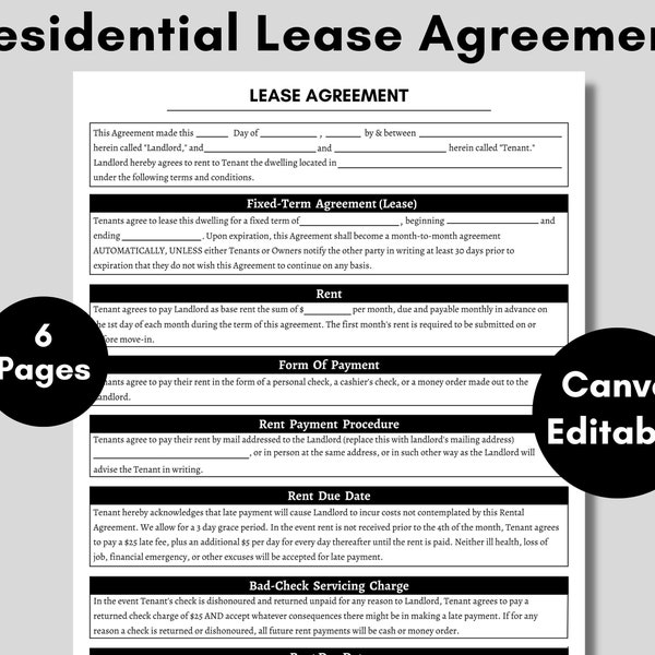 Rental Lease Agreement Template, Printable Lease Contract Template. Landlord Forms. Digital Dowload Apartment Contract. Residential Housing