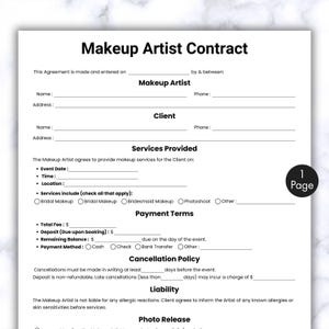 Puede incluir: Una plantilla de Contrato de Maquillador en blanco y negro. El documento incluye secciones para la información del maquillador y del cliente, los servicios prestados, los términos de pago, la política de cancelación y la autorización de fotos. El documento es de una página.