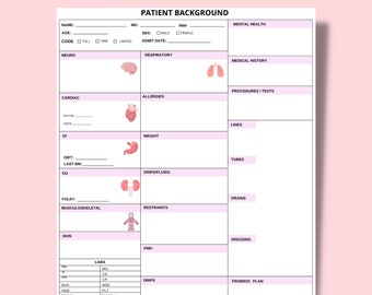 Könnte beinhalten: Ein druckbarer Patientenhintergrund-Chart mit Abschnitten für Krankengeschichte, Verfahren, Labore und andere wichtige Informationen. Der Chart enthält Illustrationen von Körperorganen und -systemen.