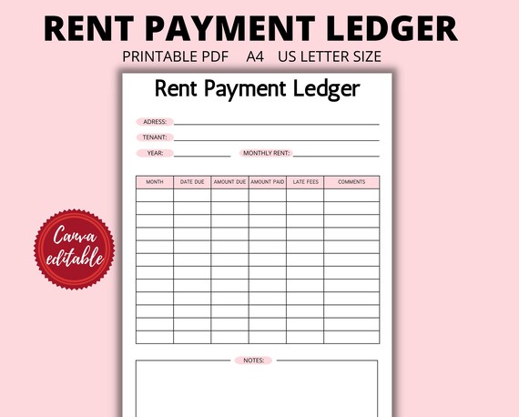 Rent Payment Ledger | Yearly Rent Tracker |  pink rent payment template | Rent Payment record | Rent Due | Accounting ledger | ledger money