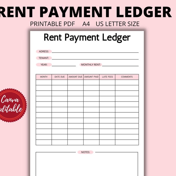 Rent Payment Ledger | Yearly Rent Tracker |  pink rent payment template | Rent Payment record | Rent Due | Accounting ledger | ledger money