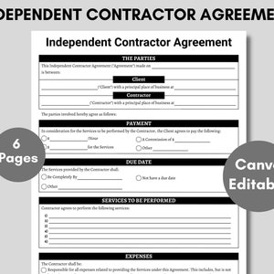 Editable Independent Contractor Agreement, Business Contract, Contract Template, Printable Independent Contractor Contract, Contract form