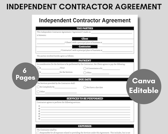 Editable Independent Contractor Agreement, Business Contract, Contract Template, Printable Independent Contractor Contract, Contract form