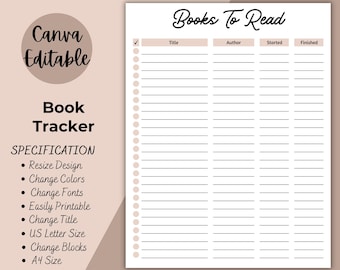 May include: A printable book tracker with a white background and black text. The tracker has columns for title, author, started, and finished. The text "Books To Read" is at the top of the page.