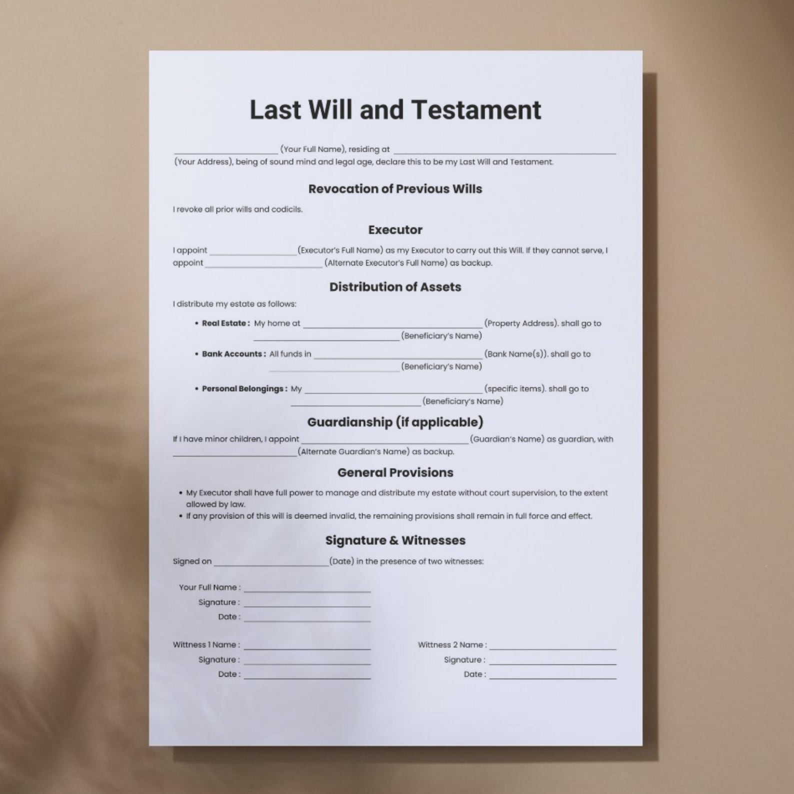 Simple Last Will and Testament, One Page Testament Form, Printable ...