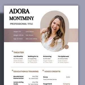 Editable Actress & actor resume template with photo for Word, acting , beginner actor resume, theatre, entertainer, background actor cv