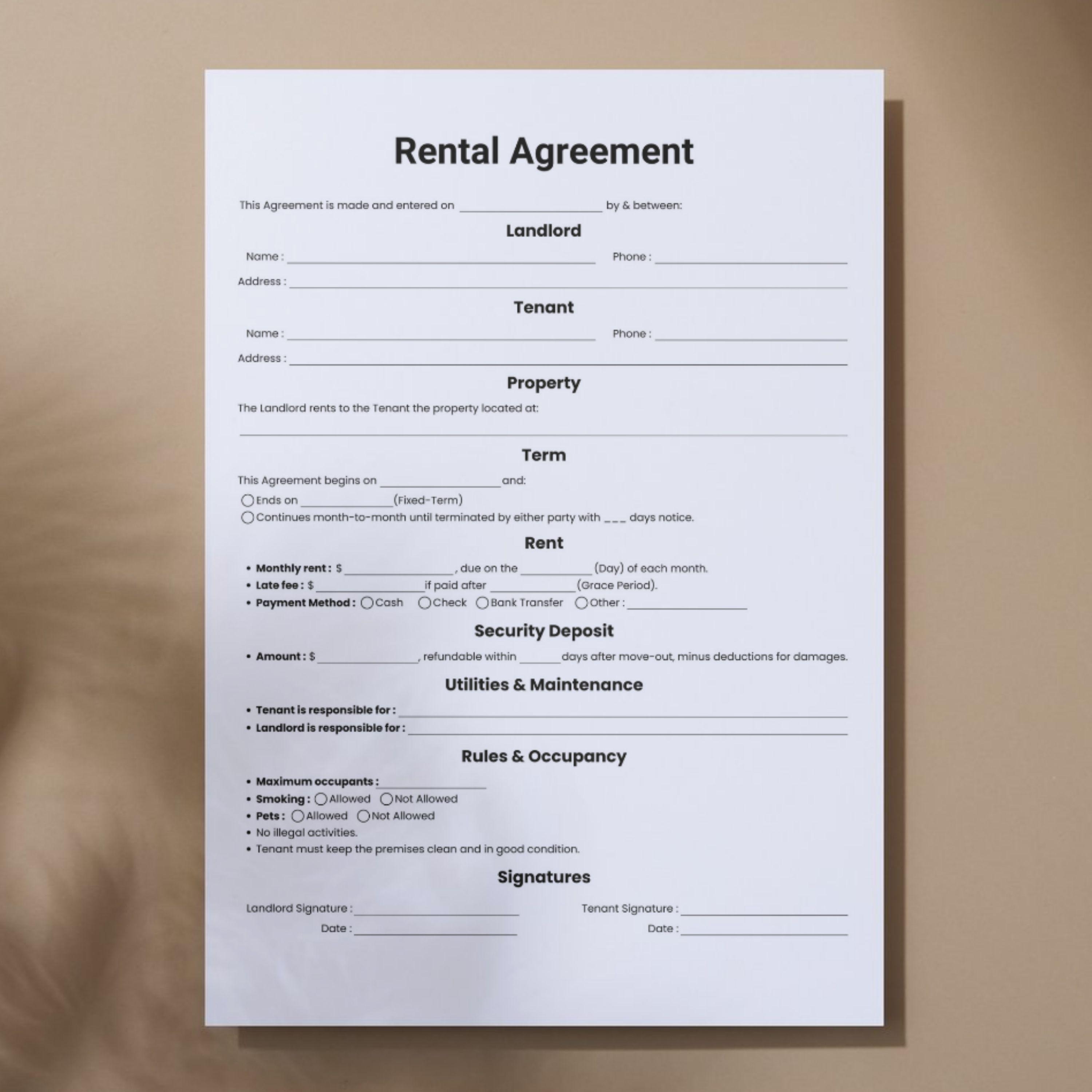 Simple Rental Agreement, One Page Rental Agreements Form Template ...