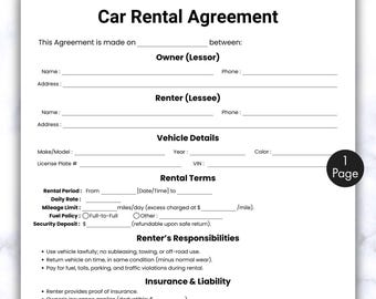 Simple Car Rental Agreement Template, One Page Car Rental Contract, Printable Vehicle Lease Form, Editable Vehicle Rental Agreement PDF