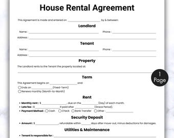 Simple House Rental Agreement Template, One Page Lease Agreement, Printable & Editable Residential Housing Contract, Landlord Forms