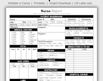 Nurse Report Sheet | Printable ICU Brain Template | Single-Page Reporting Sheet | Med Surg Nurse Resources | Medication Tracker | Canva
