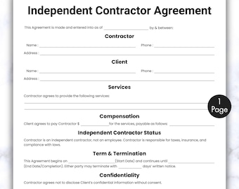 Contratto semplice per appaltatori indipendenti, modulo di contratto di una pagina, contratto aziendale stampabile e modificabile, modello per appaltatori indipendenti