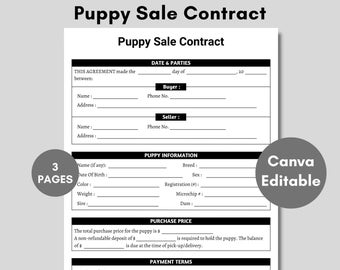 Editable Puppy Sales Contract, Puppy Deposit Contract, Printable Puppy Sale Contract, Puppy Agreement, Puppy Contract Template PDF