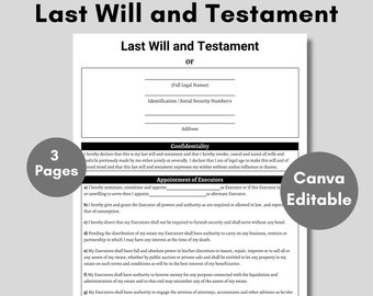 Last Will and Testament, Last Will and Testament Template, Editable PDF ...