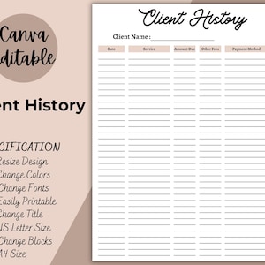 Client History, Printable Client Payment Log, Editable Business Finance Sheet, Client Payment History Sheet, Client Service History