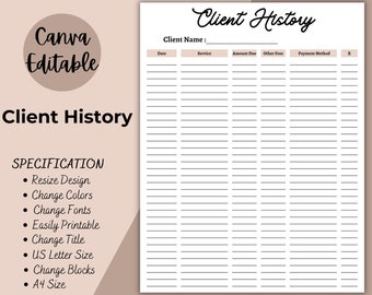 Puede incluir: Una plantilla de registro de historial de clientes imprimible con columnas para la fecha, el servicio, el importe adeudado, otros cargos, el método de pago y las notas. La plantilla está diseñada para su uso con Canva y es fácilmente personalizable.