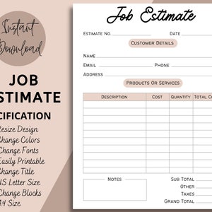 Job Estimate Template, Editable Quote Template, Small Business Template, Order Form Invoice Order, Job Estimate Form, Canva