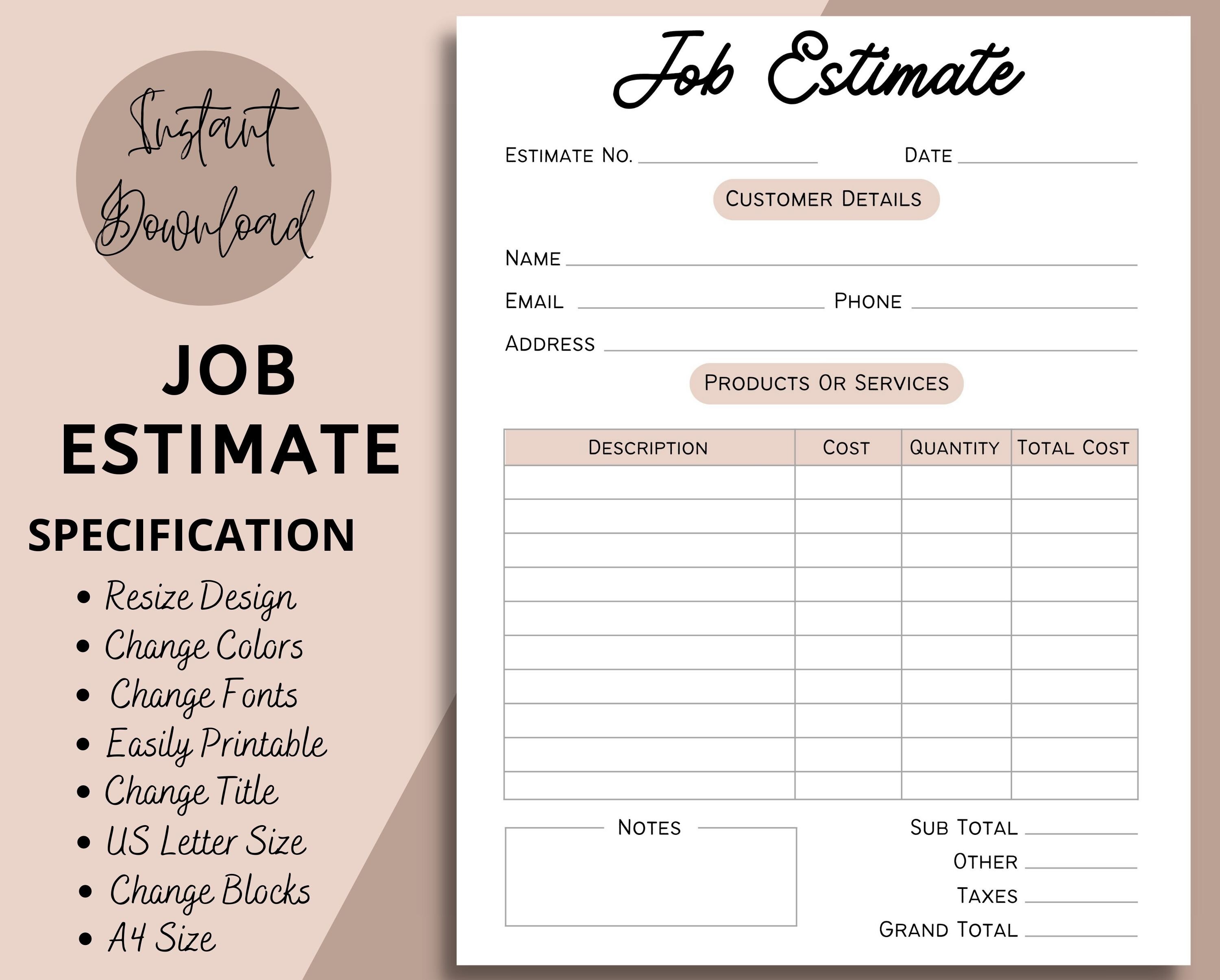 Job Estimate Template Editable Quote Template Small Business Etsy