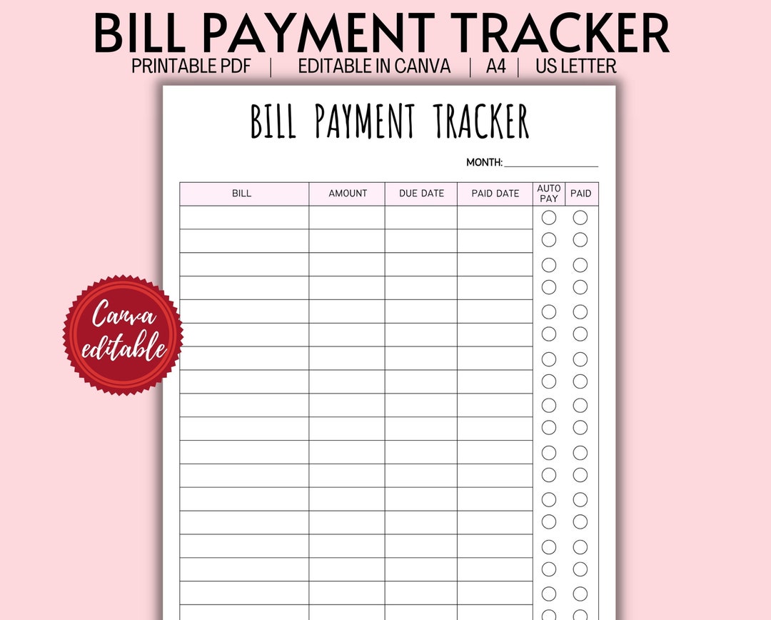 Printable Bill Payment Tracker Monthly Bill Payment Tracker Editable