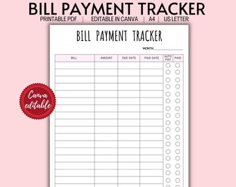 Printable Bill Payment Tracker, Monthly Bill Payment Tracker, Editable Bill Planner, Bill Tracker Log Digital, PDF US Letter Size | A4