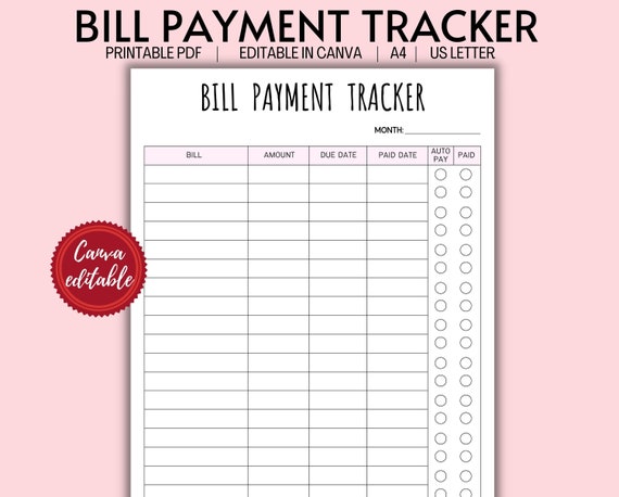 Printable Bill Payment Tracker Monthly Bill Payment Tracker - Etsy