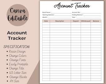 Account Tracker | Printable Account Log | Editale Bank Account Tracker | Account Details | Account Balance | Bank Balance Log | Digital PDF