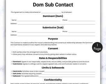Modulo di contratto di servizio Dom Sub semplice, modulo di contratto di una pagina per servizi di dominatrice, contratto di sottomissione dominante stampabile e modificabile, download immediato
