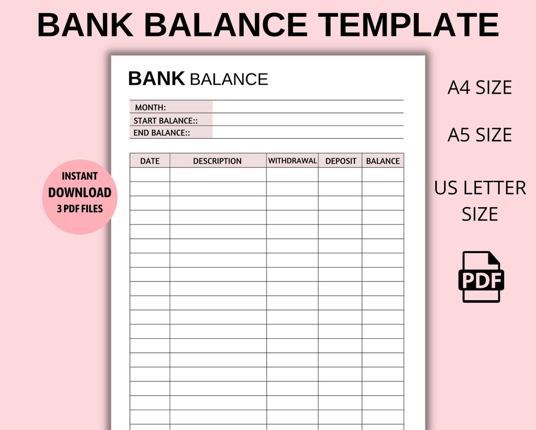Bank Balance Printable Balance Sheet Bank Summary Finance Savings Log