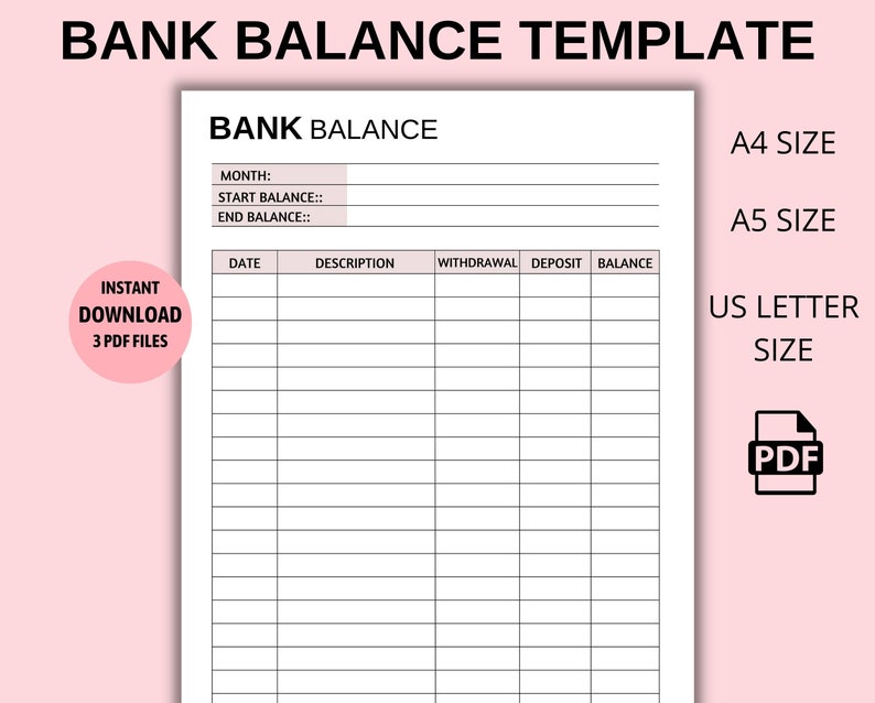 Bank Balance Printable Balance Sheet Bank Summary Finance - Etsy