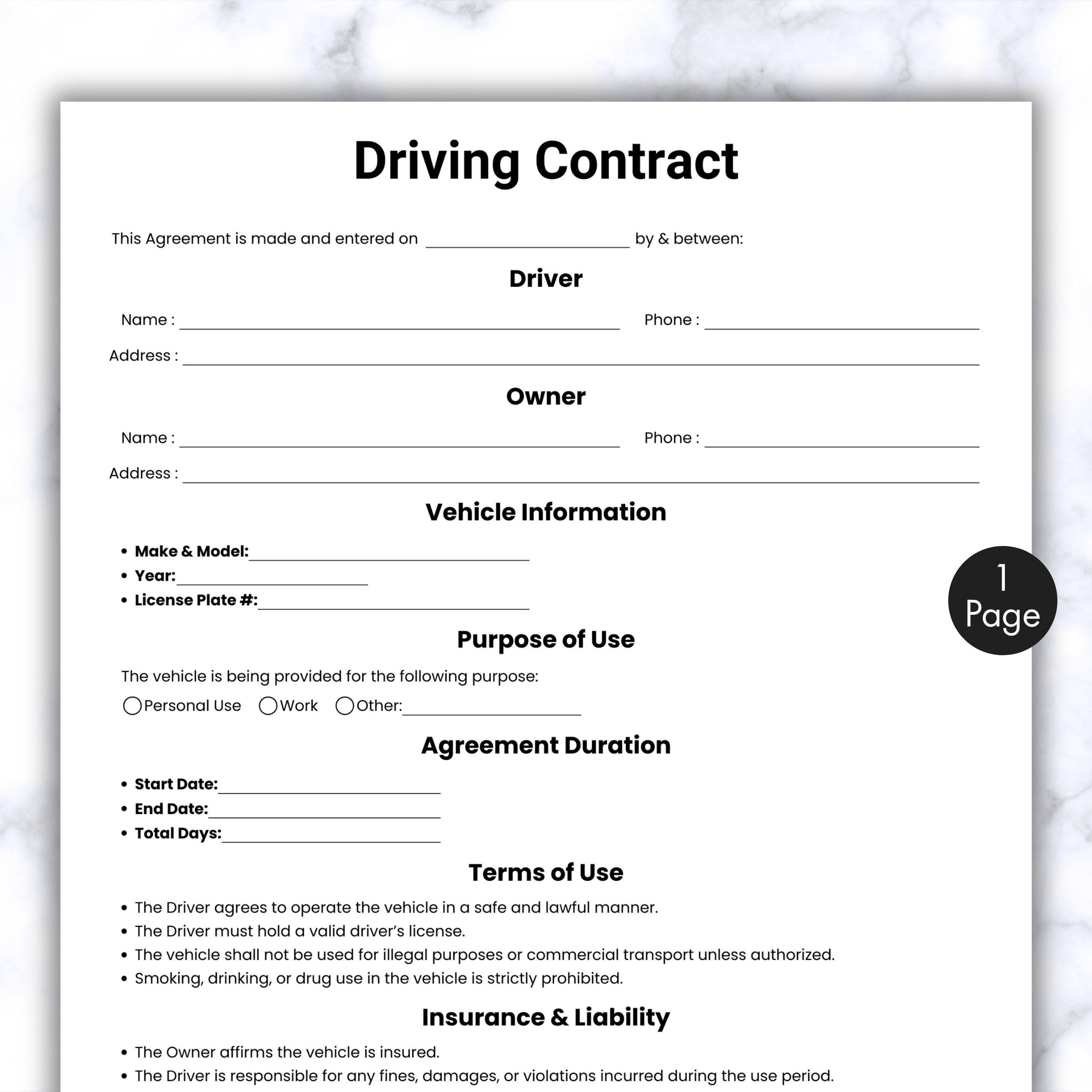 Simple Driving Contract, One Page Car Usage Agreement Form, Printable ...
