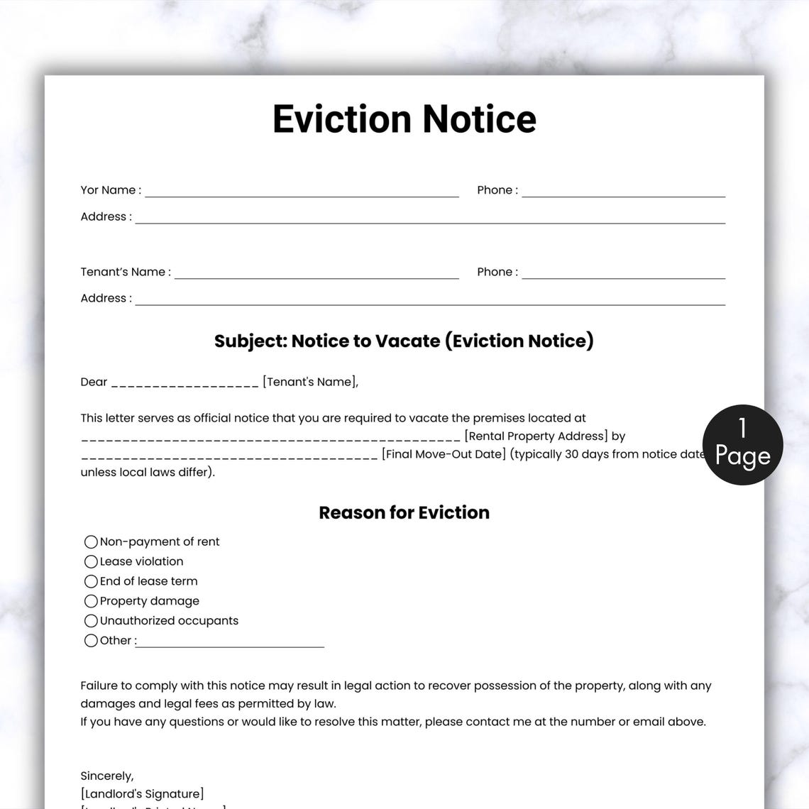 Simple Eviction Notice, One Page Notice to Vacate Template, Printable ...