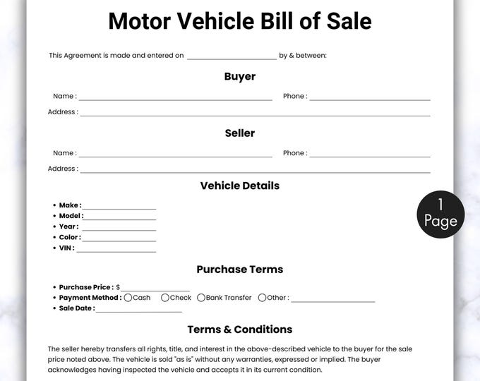 Editable Vehicle Bill of Sale Template (canva Digital Download) - Etsy