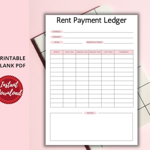 May include: Printable rent payment ledger with sections for address, tenant, year, monthly rent, month, date due, amount due, amount paid, late fees, comments, and notes.
