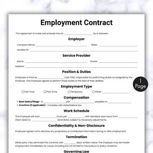 Simple Employment Agreement Template, One Page Employment Service Contract, Printable & Editable HR Employer, Job Agreement, Employee Form