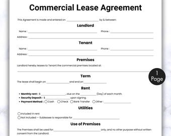 Contrat de bail commercial simple, modèle de formulaire de contrat de location d'entreprise d'une page, bail de location de propriété imprimable et modifiable, Canva
