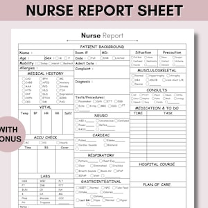 Printable Nursing Report Sheet Med Surg, Nurse Brain, SBAR Nurse Sheet, ICU Report Sheet Nursing, New Grad, RN Nursing, Patient Assessment