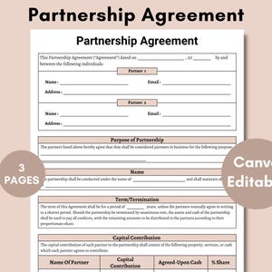 May include: A printable partnership agreement template in a white and gray color scheme. The document includes sections for partner information, purpose of partnership, term and termination, and capital contribution. The document is labeled "Canva Editable" in the bottom right corner.