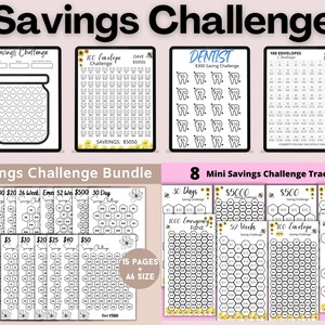 May include: A printable savings challenge bundle with 15 pages of different savings trackers. The trackers include a variety of themes, such as 100 envelopes, dentist, 30 days, 52 weeks, and emergency fund. The trackers are designed to help people save money and reach their financial goals.