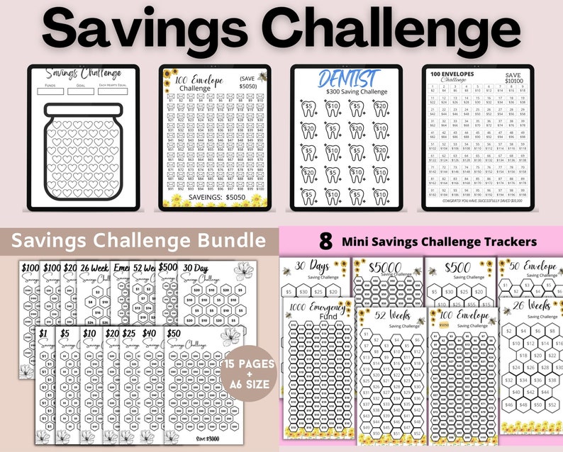 May include: A printable savings challenge bundle with 15 pages of different savings trackers. The trackers include a variety of themes, such as 100 envelopes, dentist, 30 days, 52 weeks, and emergency fund. The trackers are designed to help people save money and reach their financial goals.